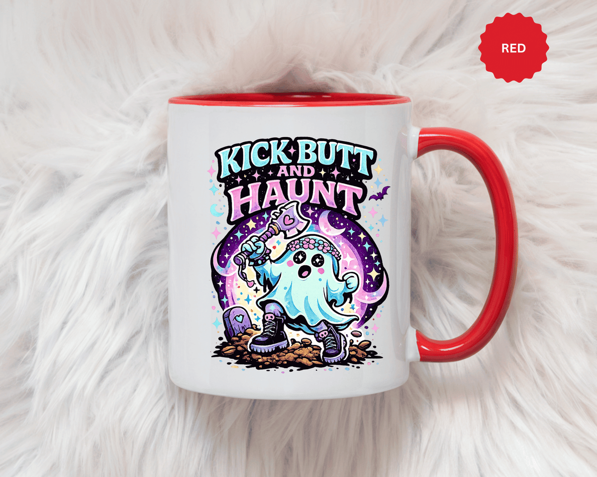 Kick Butt and Haunt Mug, Cute Pastel Ghost Black Accent Coffee Cup, Unique Funny Halloween Gift for Her, Spooky Bestie or Pastel Goth