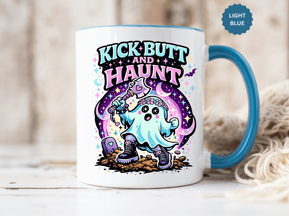 Kick Butt and Haunt Mug, Cute Pastel Ghost Black Accent Coffee Cup, Unique Funny Halloween Gift for Her, Spooky Bestie or Pastel Goth