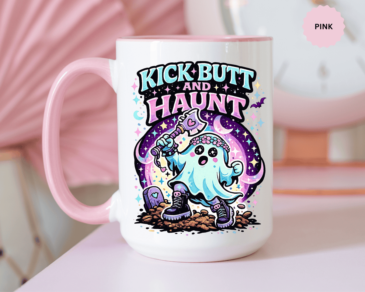 Kick Butt and Haunt Mug, Cute Pastel Ghost Black Accent Coffee Cup, Unique Funny Halloween Gift for Her, Spooky Bestie or Pastel Goth