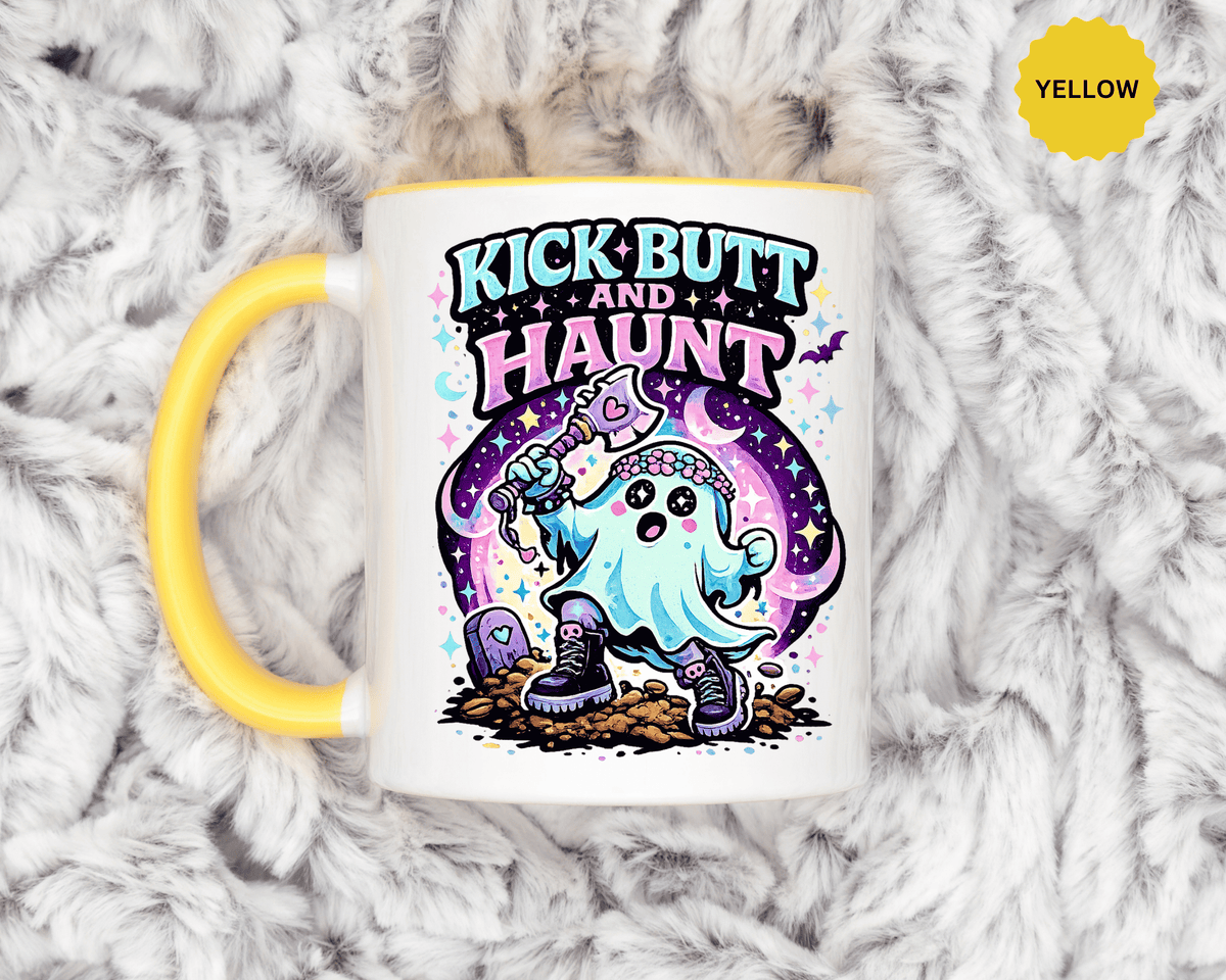 Kick Butt and Haunt Mug, Cute Pastel Ghost Black Accent Coffee Cup, Unique Funny Halloween Gift for Her, Spooky Bestie or Pastel Goth