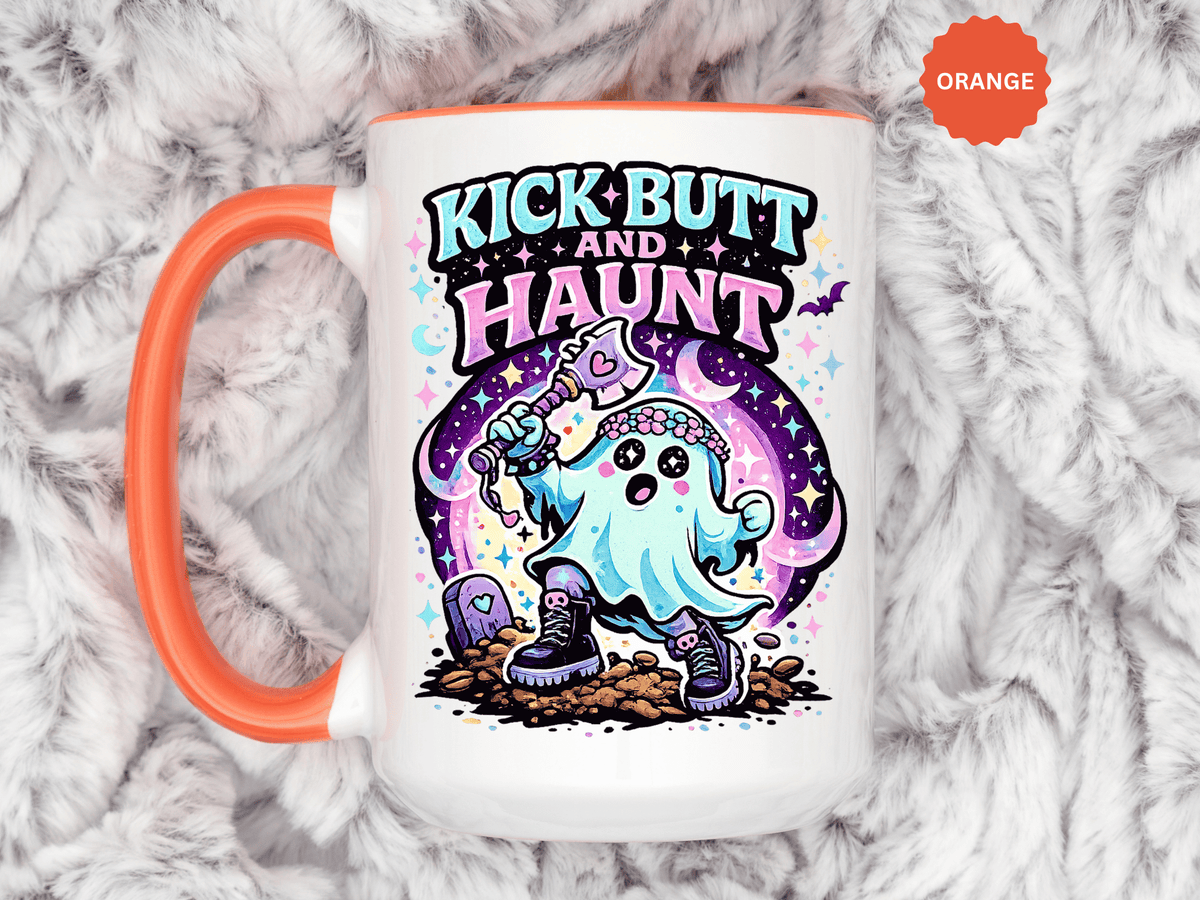 Kick Butt and Haunt Mug, Cute Pastel Ghost Black Accent Coffee Cup, Unique Funny Halloween Gift for Her, Spooky Bestie or Pastel Goth