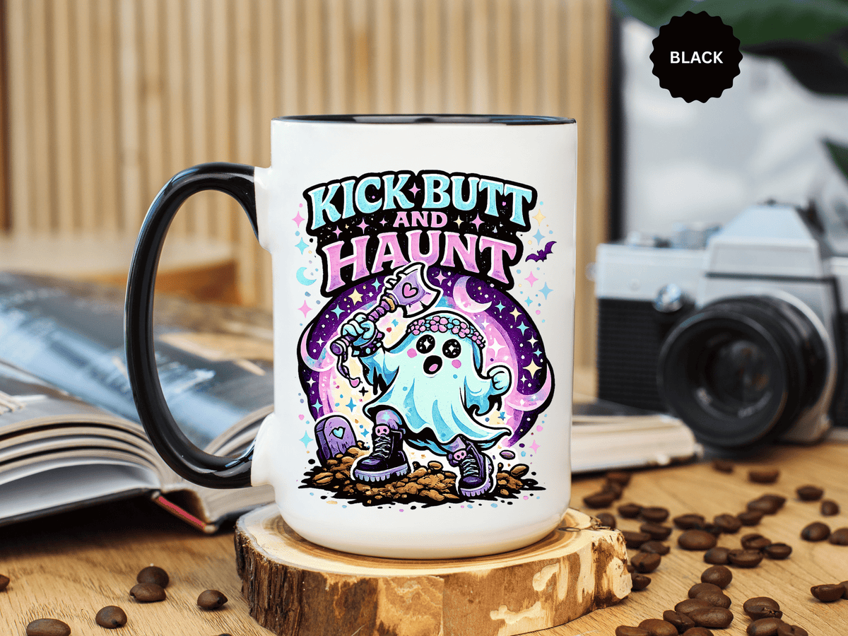Kick Butt and Haunt Mug, Cute Pastel Ghost Black Accent Coffee Cup, Unique Funny Halloween Gift for Her, Spooky Bestie or Pastel Goth