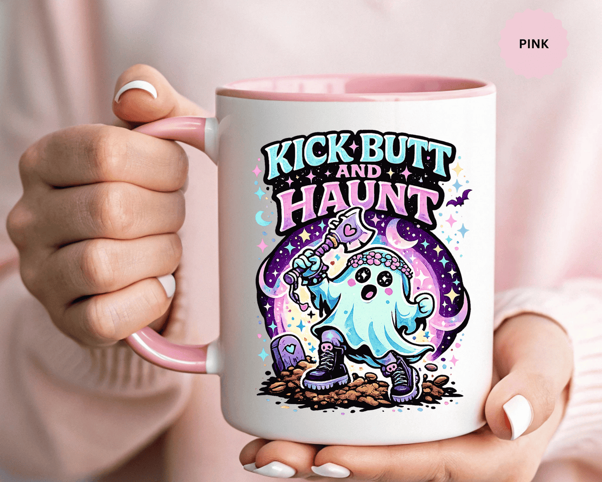 Kick Butt and Haunt Mug, Cute Pastel Ghost Black Accent Coffee Cup, Unique Funny Halloween Gift for Her, Spooky Bestie or Pastel Goth