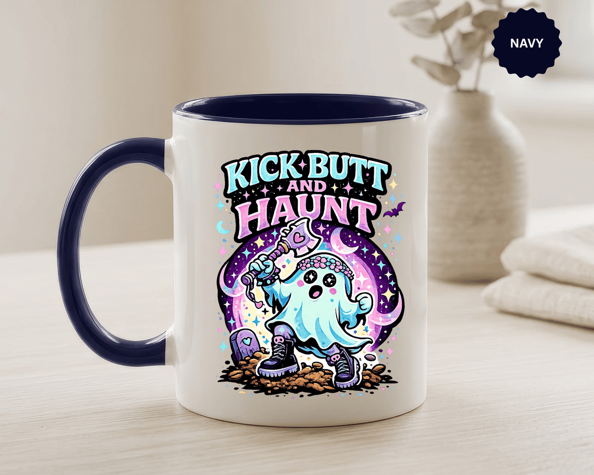 Kick Butt and Haunt Mug, Cute Pastel Ghost Black Accent Coffee Cup, Unique Funny Halloween Gift for Her, Spooky Bestie or Pastel Goth