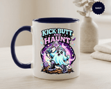 Kick Butt and Haunt Mug, Cute Pastel Ghost Black Accent Coffee Cup, Unique Funny Halloween Gift for Her, Spooky Bestie or Pastel Goth