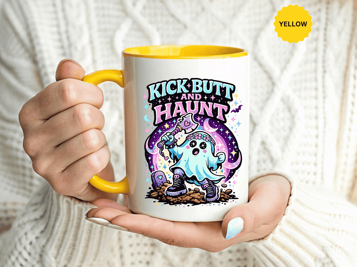 Kick Butt and Haunt Mug, Cute Pastel Ghost Black Accent Coffee Cup, Unique Funny Halloween Gift for Her, Spooky Bestie or Pastel Goth
