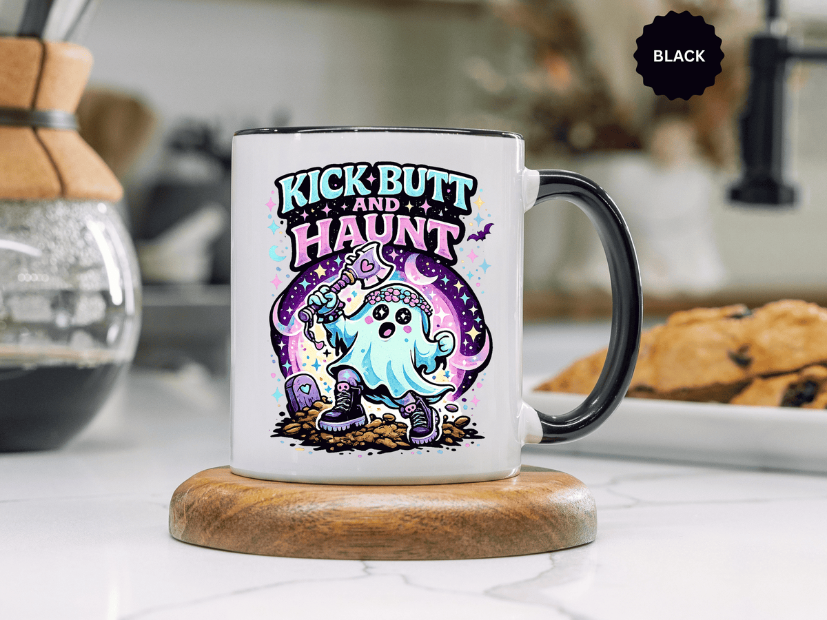 Kick Butt and Haunt Mug, Cute Pastel Ghost Black Accent Coffee Cup, Unique Funny Halloween Gift for Her, Spooky Bestie or Pastel Goth