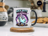 Kick Butt and Haunt Mug, Cute Pastel Ghost Black Accent Coffee Cup, Unique Funny Halloween Gift for Her, Spooky Bestie or Pastel Goth