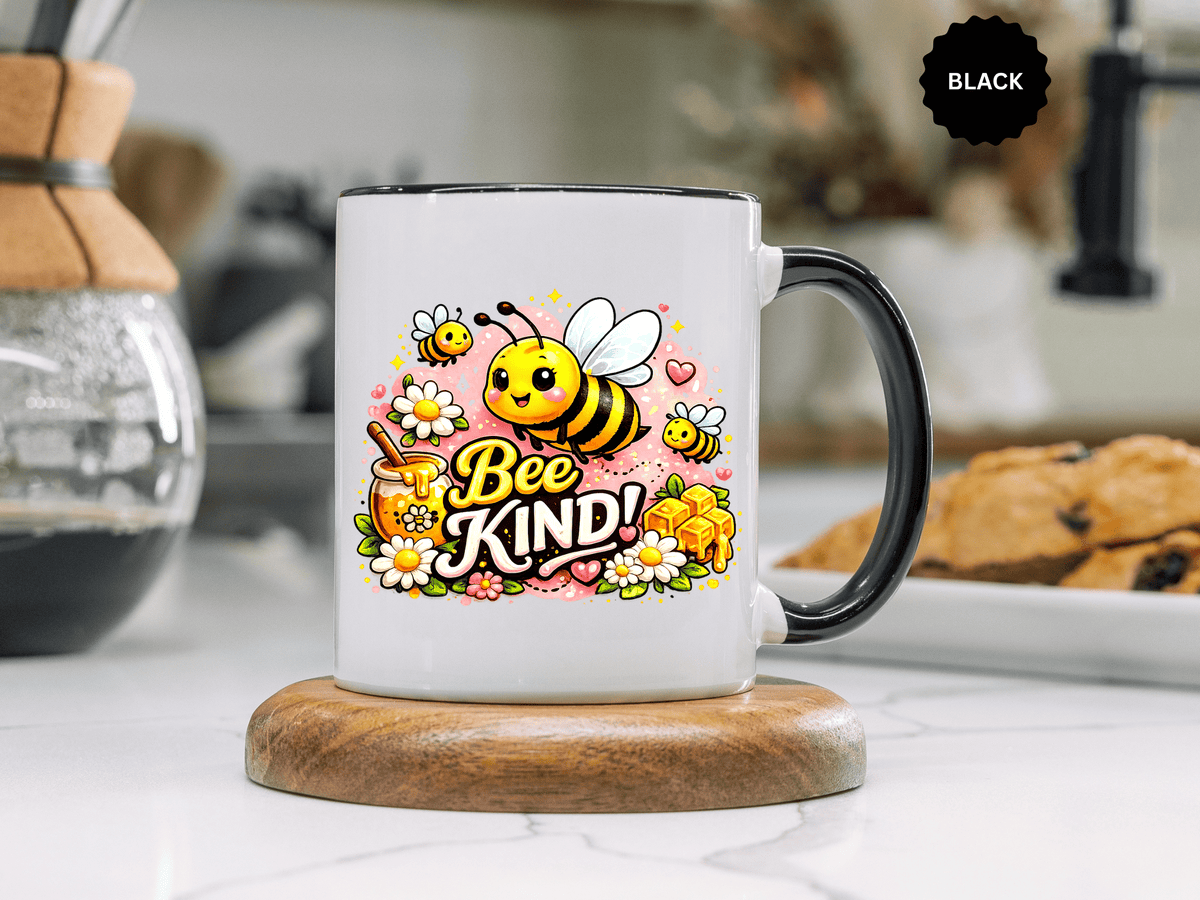 Bee Kind Coffee Mug, Cute Bumblebee Floral Black Accent Cup, Sweet Positive Kindness Gift for Bee Lover, Teacher, Friend or Gardener