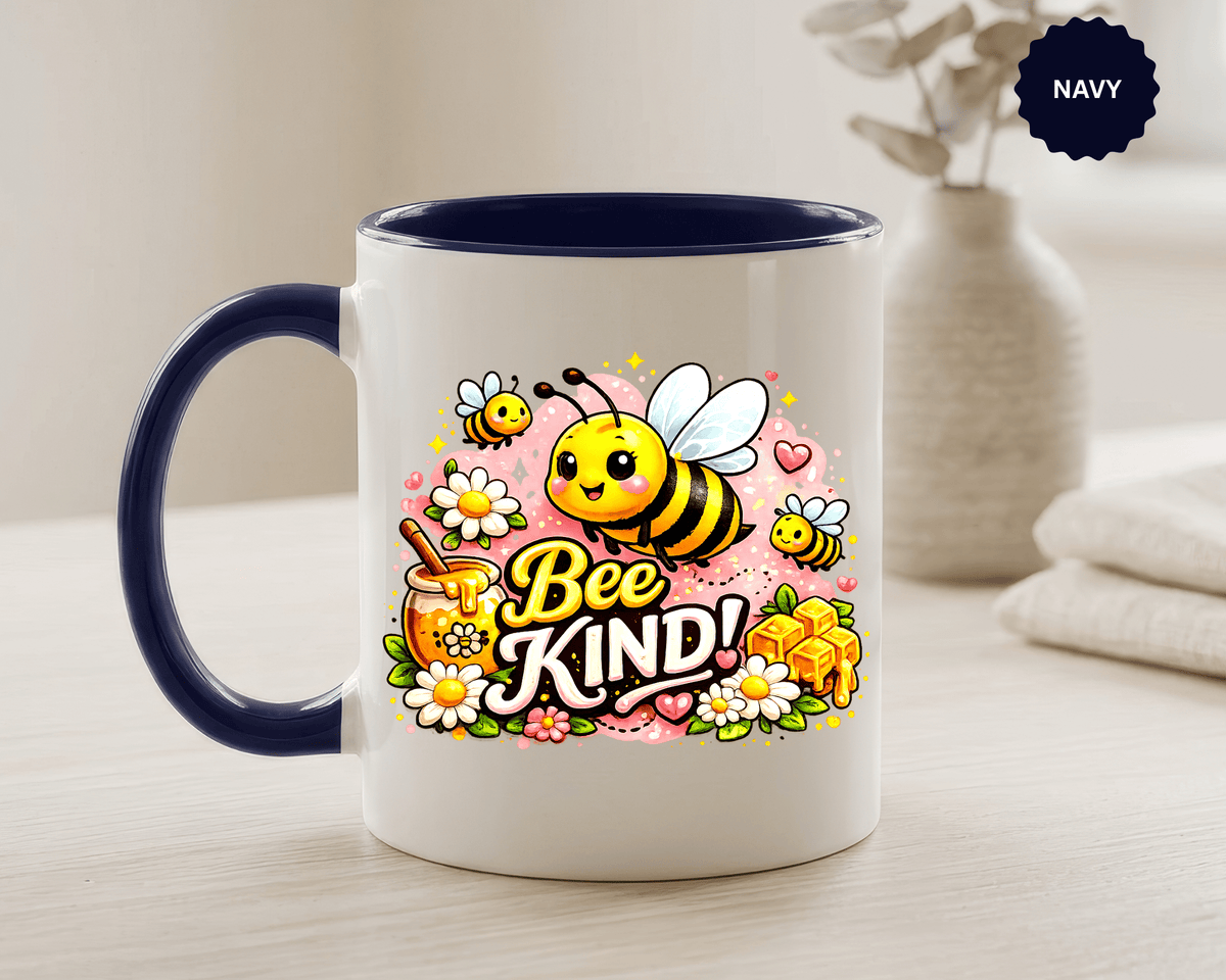Bee Kind Coffee Mug, Cute Bumblebee Floral Black Accent Cup, Sweet Positive Kindness Gift for Bee Lover, Teacher, Friend or Gardener