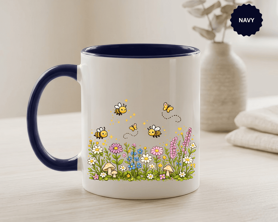 Floral Bee Coffee Mug, Wildflower Mushroom Black Accent Cup, Cottagecore Gift for Bee Lover, Gardener, Nature Fan or Spring Birthday