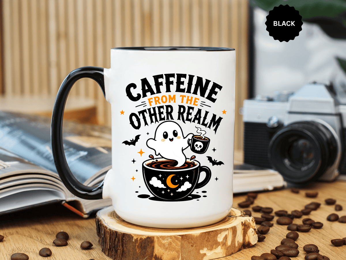 Halloween Ghost Coffee Mug, Caffeine From the Other Realm Black Accent Cup, Funny Spooky Gift for Coffee Lover, Barista or Coworker