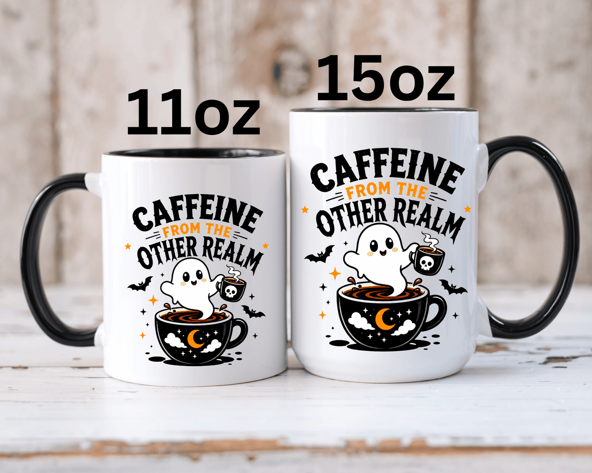 Halloween Ghost Coffee Mug, Caffeine From the Other Realm Black Accent Cup, Funny Spooky Gift for Coffee Lover, Barista or Coworker