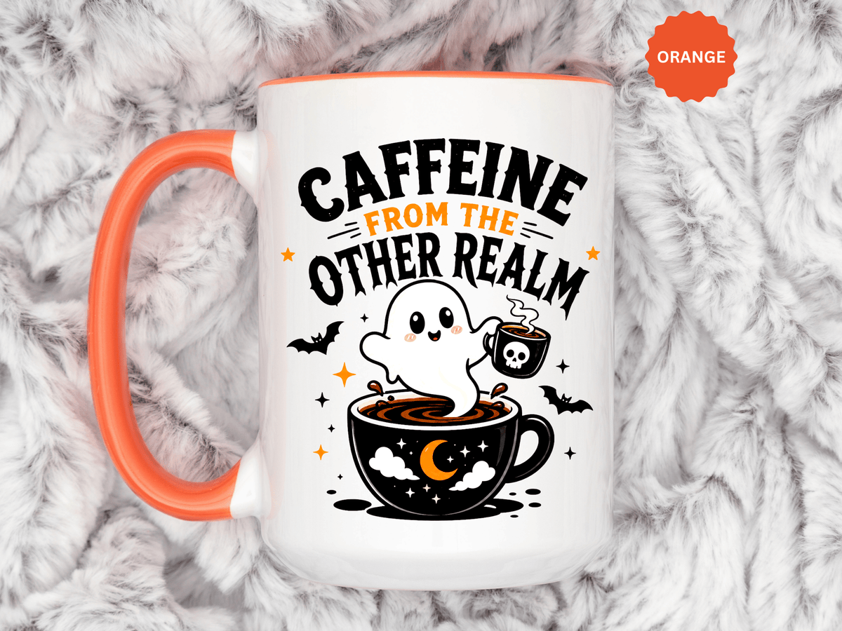 Halloween Ghost Coffee Mug, Caffeine From the Other Realm Black Accent Cup, Funny Spooky Gift for Coffee Lover, Barista or Coworker