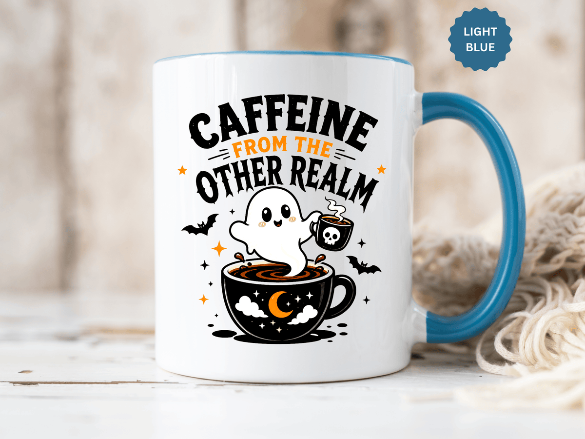 Halloween Ghost Coffee Mug, Caffeine From the Other Realm Black Accent Cup, Funny Spooky Gift for Coffee Lover, Barista or Coworker