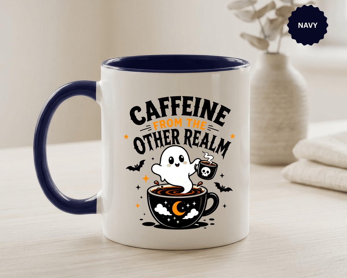 Halloween Ghost Coffee Mug, Caffeine From the Other Realm Black Accent Cup, Funny Spooky Gift for Coffee Lover, Barista or Coworker