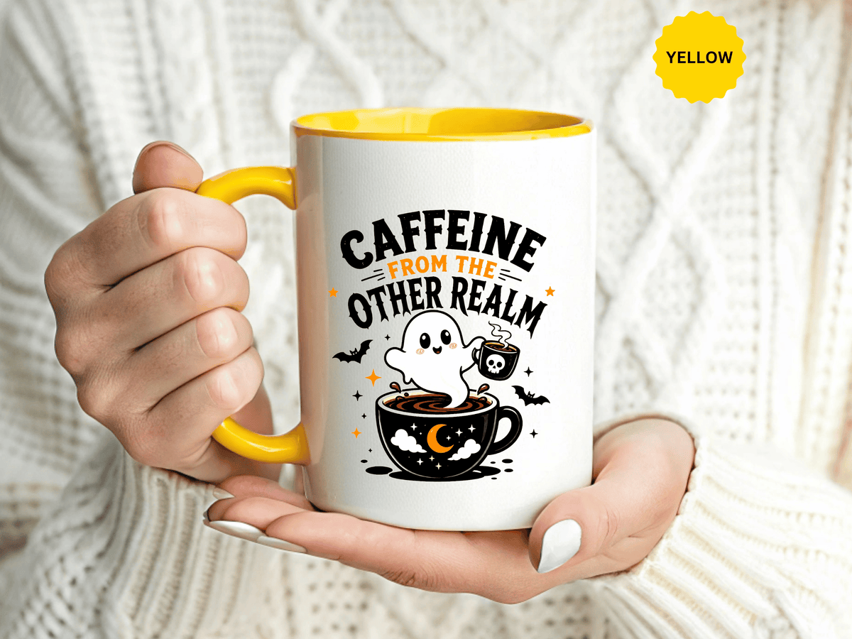 Halloween Ghost Coffee Mug, Caffeine From the Other Realm Black Accent Cup, Funny Spooky Gift for Coffee Lover, Barista or Coworker