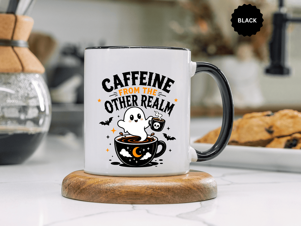 Halloween Ghost Coffee Mug, Caffeine From the Other Realm Black Accent Cup, Funny Spooky Gift for Coffee Lover, Barista or Coworker