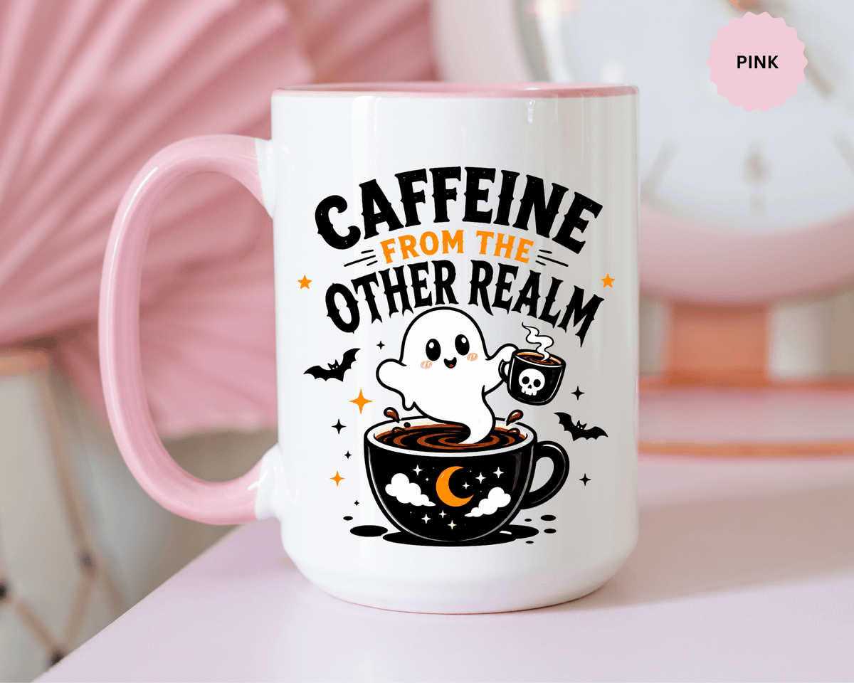 Halloween Ghost Coffee Mug, Caffeine From the Other Realm Black Accent Cup, Funny Spooky Gift for Coffee Lover, Barista or Coworker