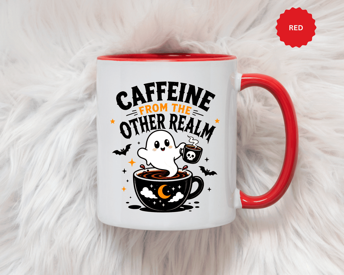 Halloween Ghost Coffee Mug, Caffeine From the Other Realm Black Accent Cup, Funny Spooky Gift for Coffee Lover, Barista or Coworker