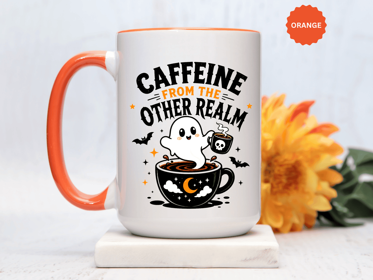 Halloween Ghost Coffee Mug, Caffeine From the Other Realm Black Accent Cup, Funny Spooky Gift for Coffee Lover, Barista or Coworker