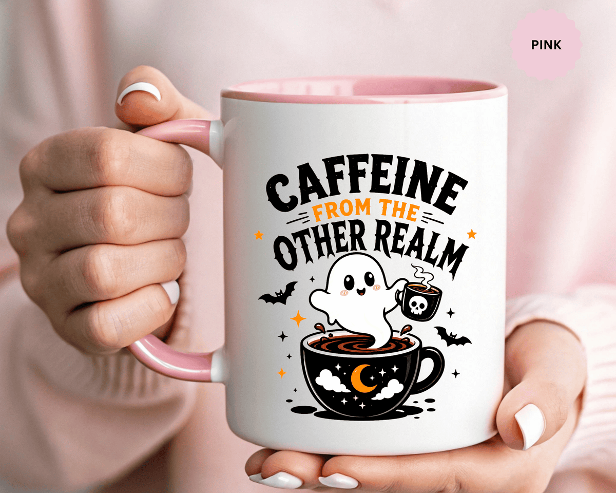 Halloween Ghost Coffee Mug, Caffeine From the Other Realm Black Accent Cup, Funny Spooky Gift for Coffee Lover, Barista or Coworker