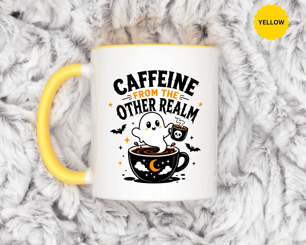 Halloween Ghost Coffee Mug, Caffeine From the Other Realm Black Accent Cup, Funny Spooky Gift for Coffee Lover, Barista or Coworker