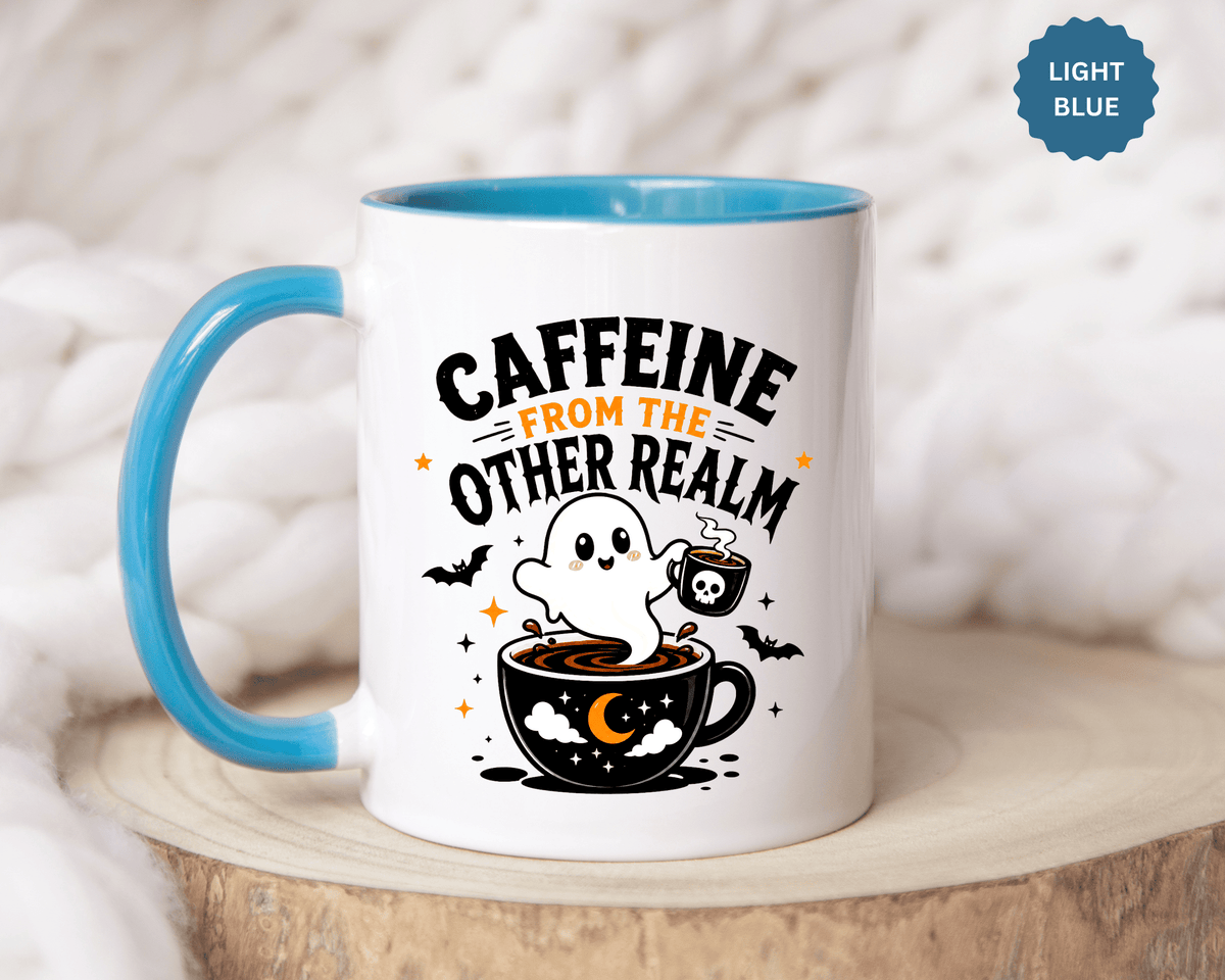 Halloween Ghost Coffee Mug, Caffeine From the Other Realm Black Accent Cup, Funny Spooky Gift for Coffee Lover, Barista or Coworker