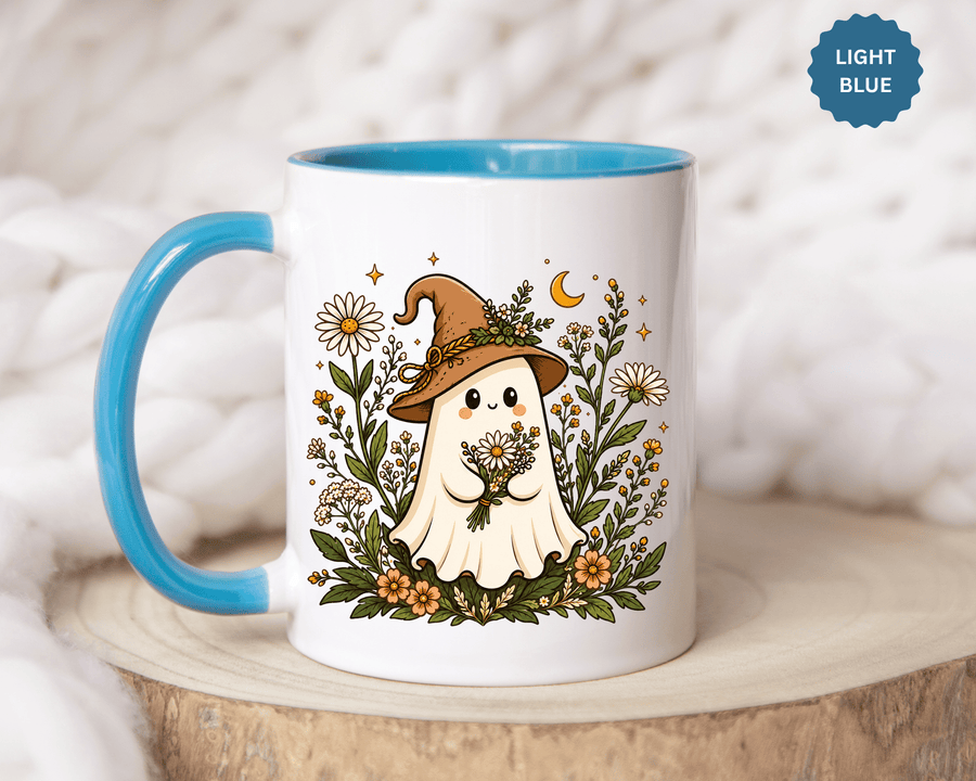 Cute Floral Ghost Halloween Mug, Witch Hat and Wildflower Black Accent Coffee Cup, Cute Cottagecore Spooky Gift for Her or Ghost Lover