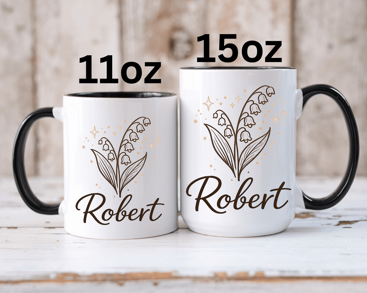 Personalized Name Mug, Lily of the Valley Black Accent Coffee Cup, Unique Custom Name Gift for Him, Dad, Grandpa, Birthday or Memorial