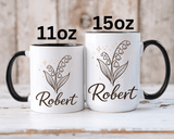 Personalized Name Mug, Lily of the Valley Black Accent Coffee Cup, Unique Custom Name Gift for Him, Dad, Grandpa, Birthday or Memorial