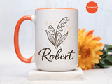 Personalized Name Mug, Lily of the Valley Black Accent Coffee Cup, Unique Custom Name Gift for Him, Dad, Grandpa, Birthday or Memorial