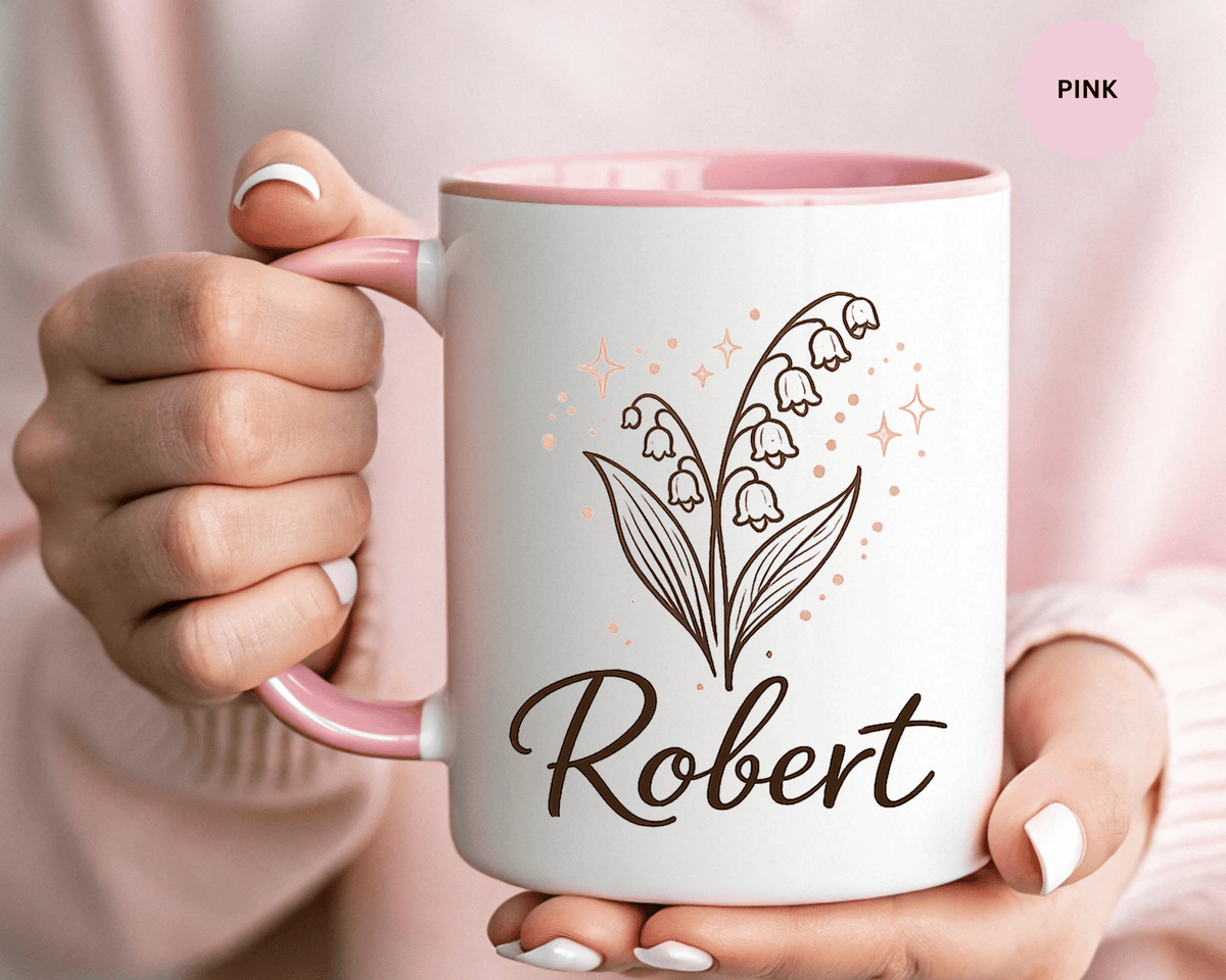 Personalized Name Mug, Lily of the Valley Black Accent Coffee Cup, Unique Custom Name Gift for Him, Dad, Grandpa, Birthday or Memorial