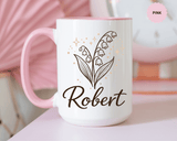Personalized Name Mug, Lily of the Valley Black Accent Coffee Cup, Unique Custom Name Gift for Him, Dad, Grandpa, Birthday or Memorial