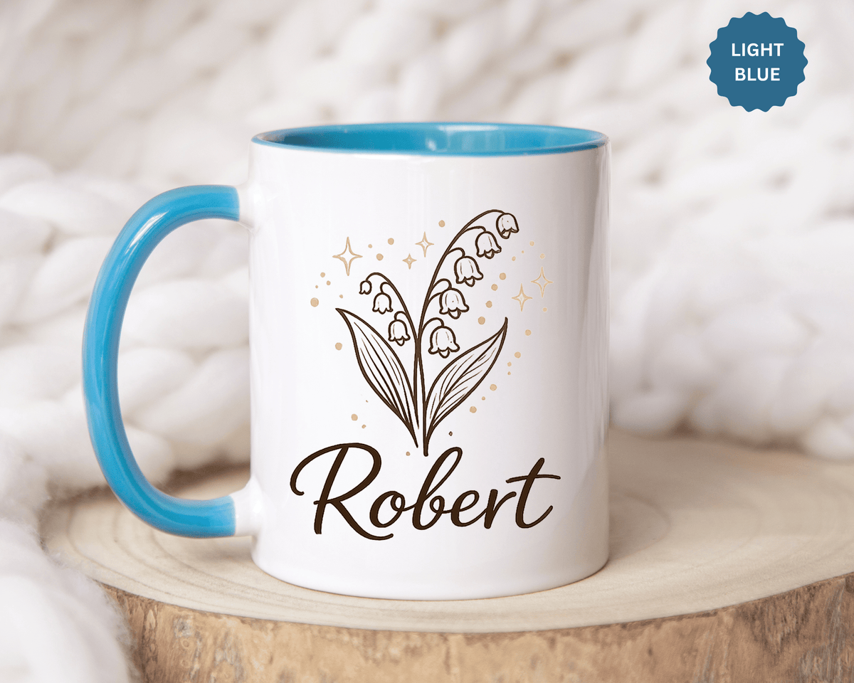 Personalized Name Mug, Lily of the Valley Black Accent Coffee Cup, Unique Custom Name Gift for Him, Dad, Grandpa, Birthday or Memorial