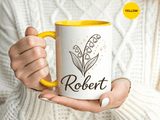Personalized Name Mug, Lily of the Valley Black Accent Coffee Cup, Unique Custom Name Gift for Him, Dad, Grandpa, Birthday or Memorial