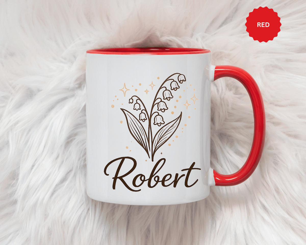 Personalized Name Mug, Lily of the Valley Black Accent Coffee Cup, Unique Custom Name Gift for Him, Dad, Grandpa, Birthday or Memorial
