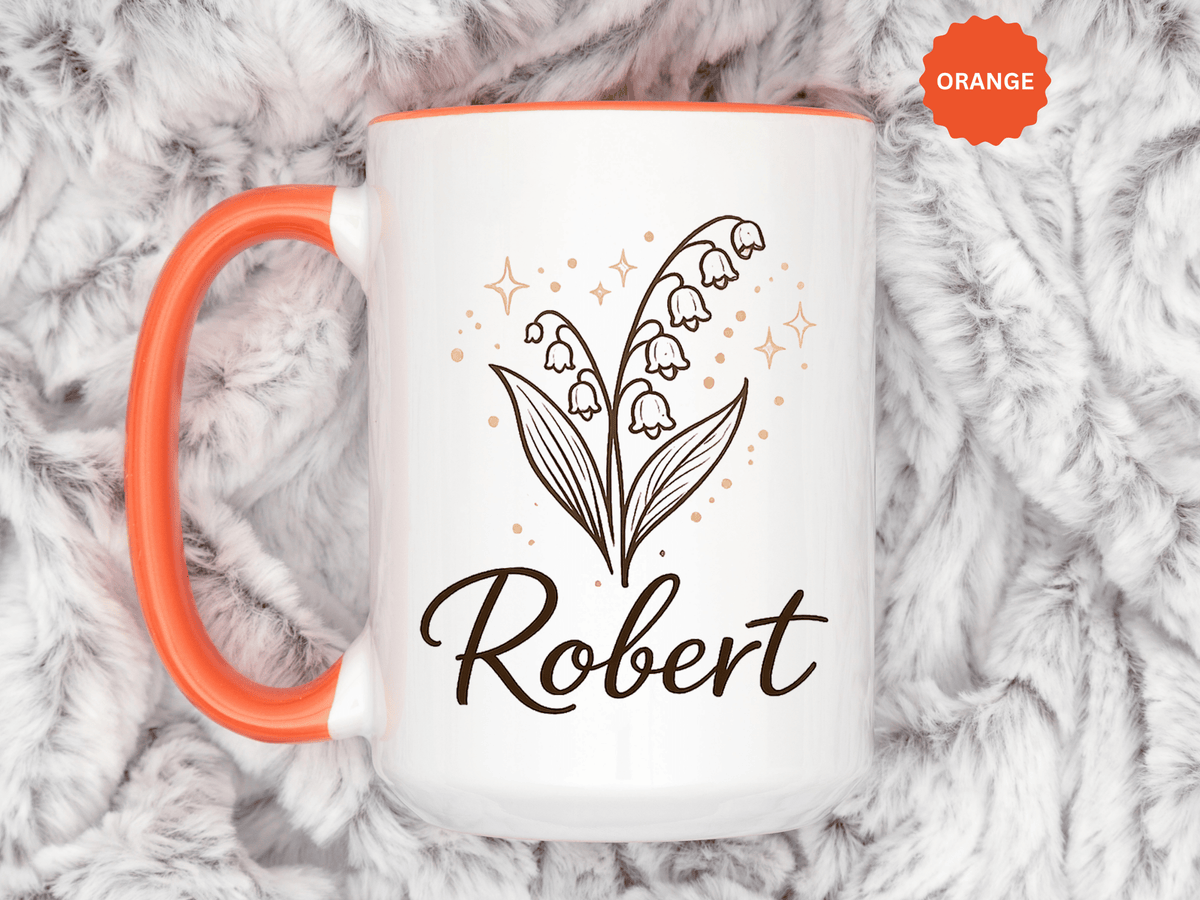 Personalized Name Mug, Lily of the Valley Black Accent Coffee Cup, Unique Custom Name Gift for Him, Dad, Grandpa, Birthday or Memorial