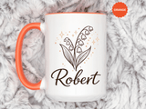 Personalized Name Mug, Lily of the Valley Black Accent Coffee Cup, Unique Custom Name Gift for Him, Dad, Grandpa, Birthday or Memorial