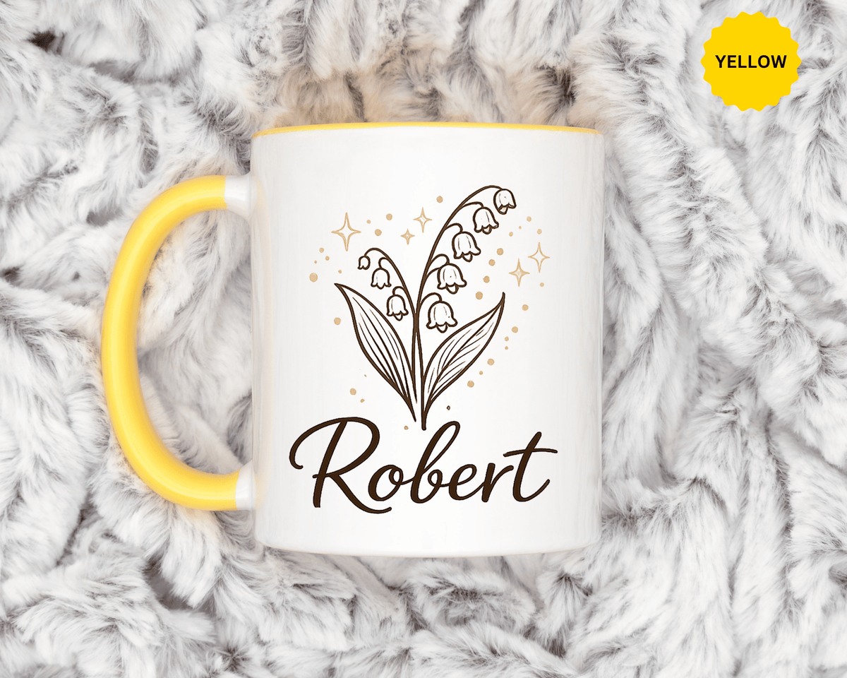 Personalized Name Mug, Lily of the Valley Black Accent Coffee Cup, Unique Custom Name Gift for Him, Dad, Grandpa, Birthday or Memorial