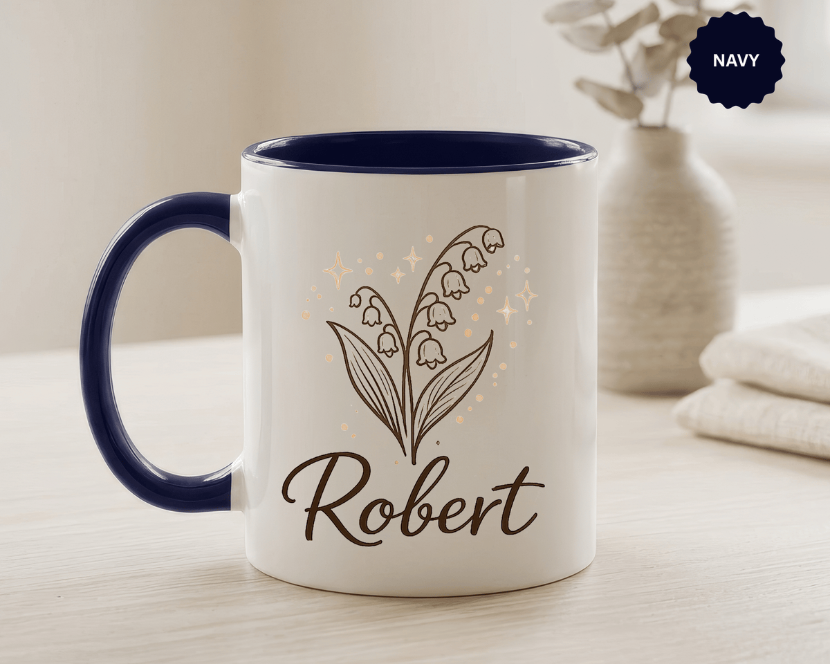 Personalized Name Mug, Lily of the Valley Black Accent Coffee Cup, Unique Custom Name Gift for Him, Dad, Grandpa, Birthday or Memorial