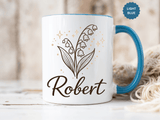 Personalized Name Mug, Lily of the Valley Black Accent Coffee Cup, Unique Custom Name Gift for Him, Dad, Grandpa, Birthday or Memorial