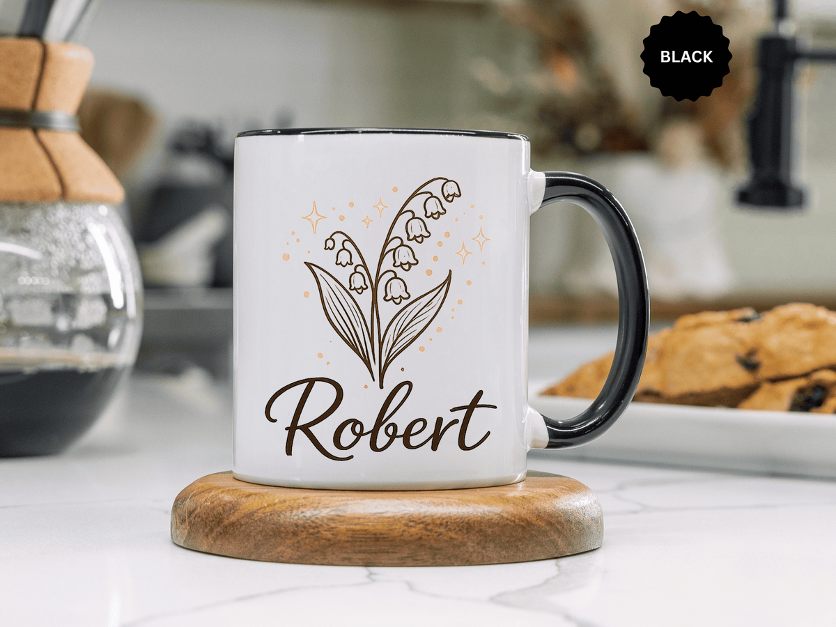 Personalized Name Mug, Lily of the Valley Black Accent Coffee Cup, Unique Custom Name Gift for Him, Dad, Grandpa, Birthday or Memorial