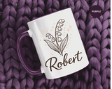 Personalized Name Mug, Lily of the Valley Black Accent Coffee Cup, Unique Custom Name Gift for Him, Dad, Grandpa, Birthday or Memorial
