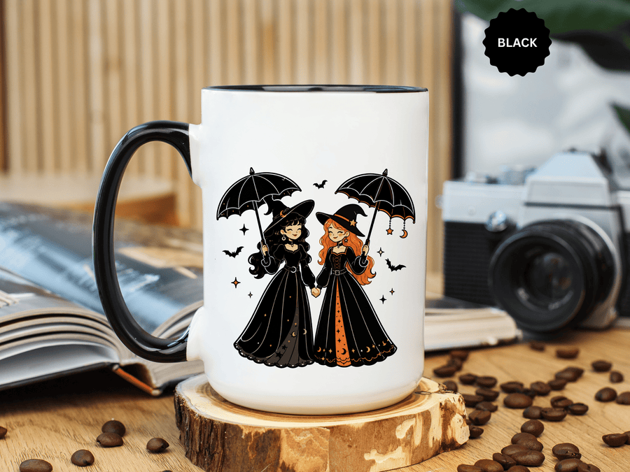Witch Best Friends Mug, Gothic Halloween Black Accent Coffee Cup, Cute Matching Costume Gift for Bestie, Sister, Girlfriend or Partner
