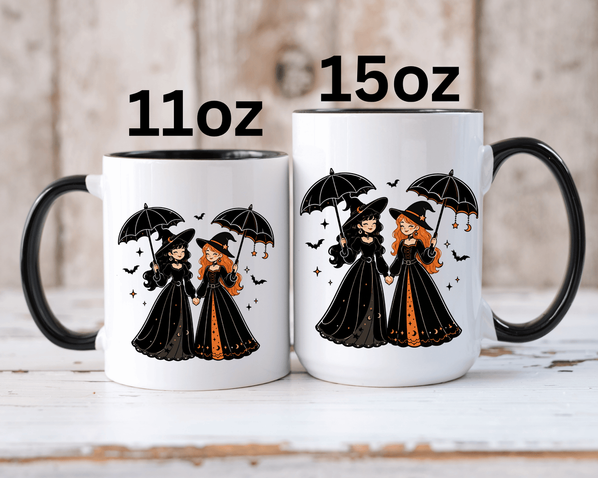 Witch Best Friends Mug, Gothic Halloween Black Accent Coffee Cup, Cute Matching Costume Gift for Bestie, Sister, Girlfriend or Partner