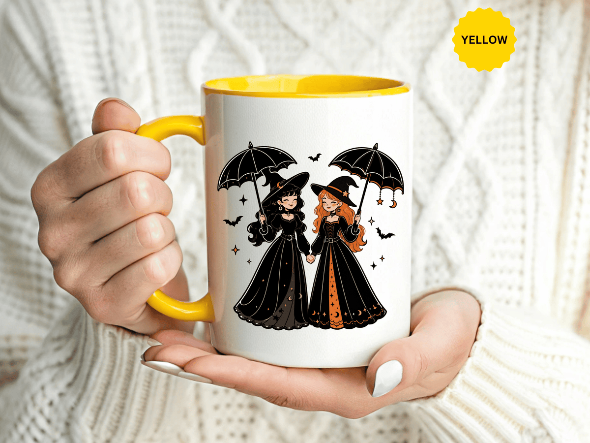 Witch Best Friends Mug, Gothic Halloween Black Accent Coffee Cup, Cute Matching Costume Gift for Bestie, Sister, Girlfriend or Partner