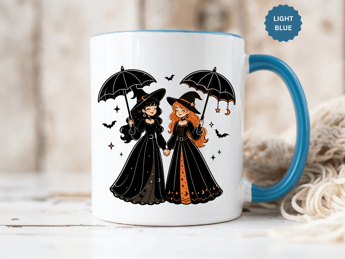 Witch Best Friends Mug, Gothic Halloween Black Accent Coffee Cup, Cute Matching Costume Gift for Bestie, Sister, Girlfriend or Partner