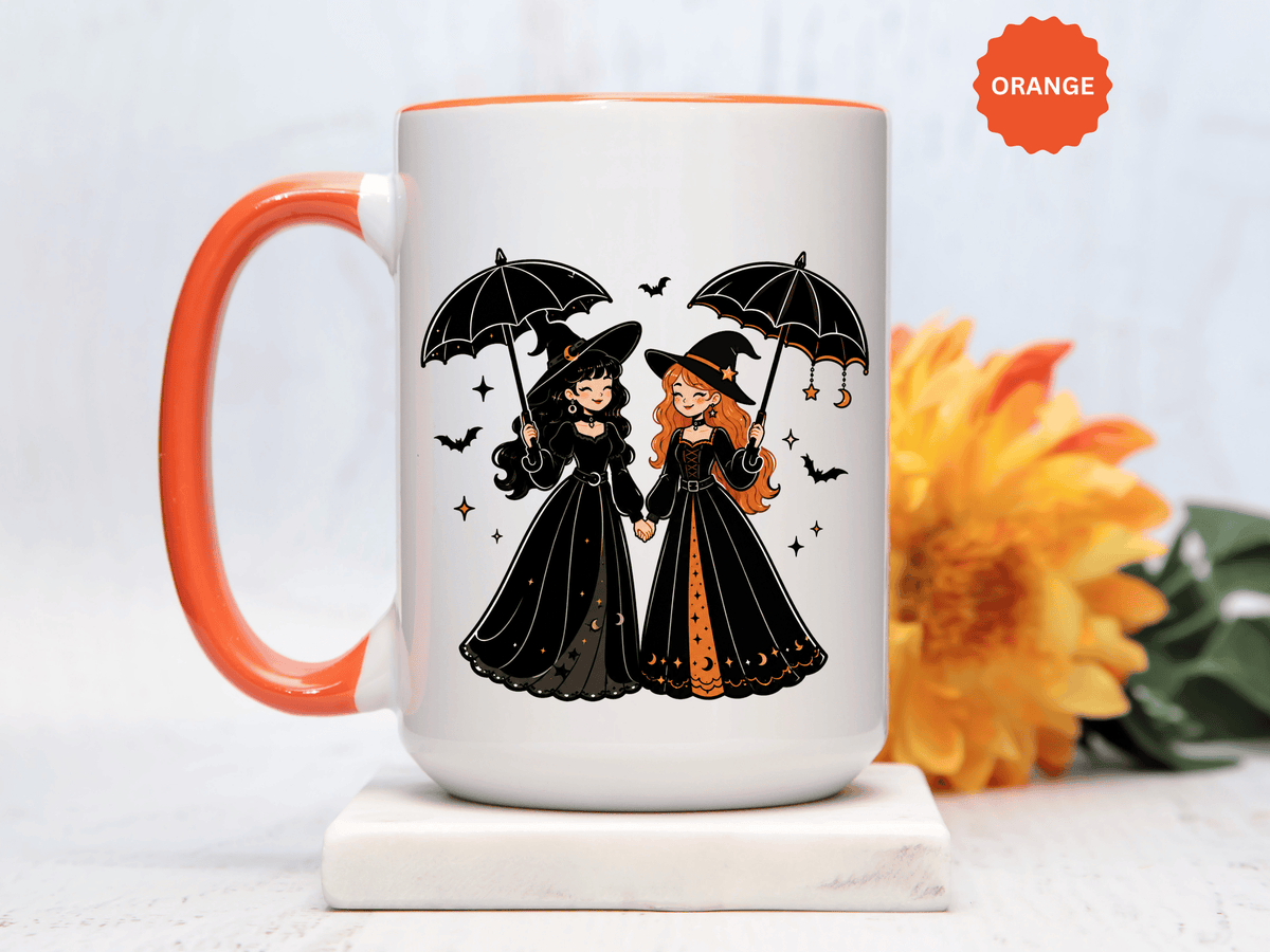 Witch Best Friends Mug, Gothic Halloween Black Accent Coffee Cup, Cute Matching Costume Gift for Bestie, Sister, Girlfriend or Partner