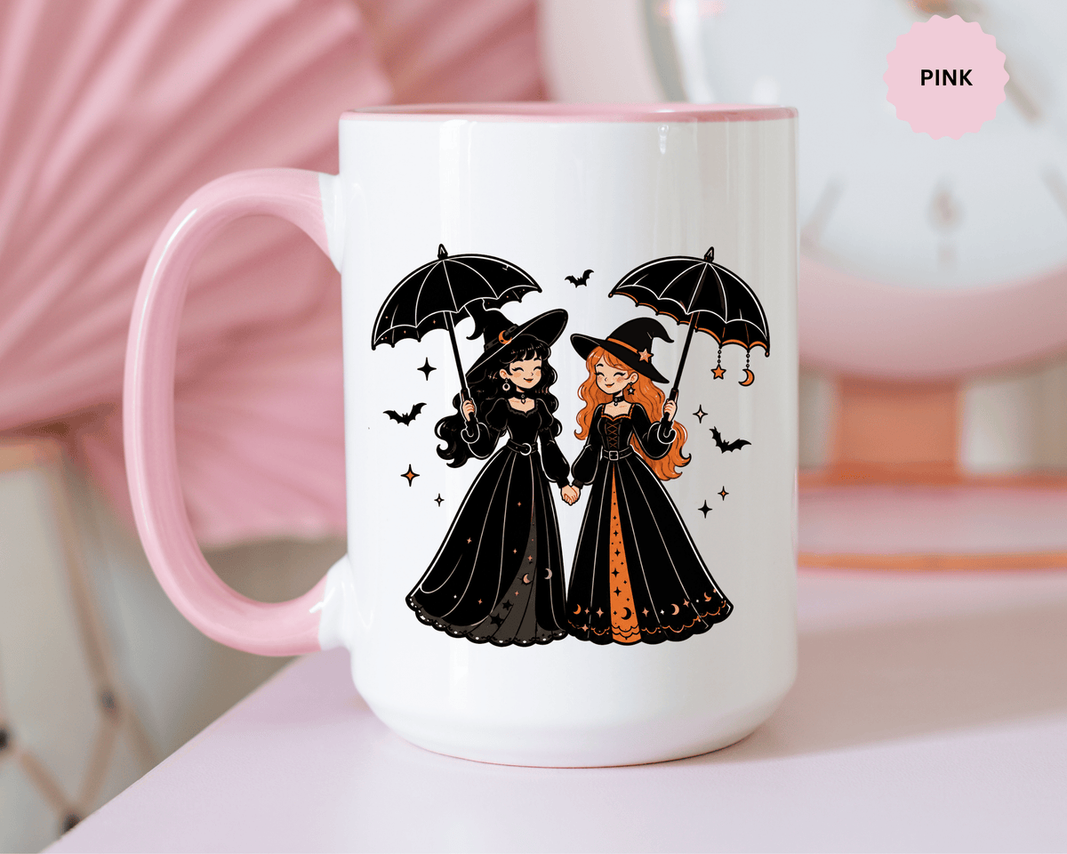 Witch Best Friends Mug, Gothic Halloween Black Accent Coffee Cup, Cute Matching Costume Gift for Bestie, Sister, Girlfriend or Partner